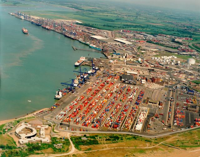 Aerial view of Landguard Fort and the port of Felixstowe 